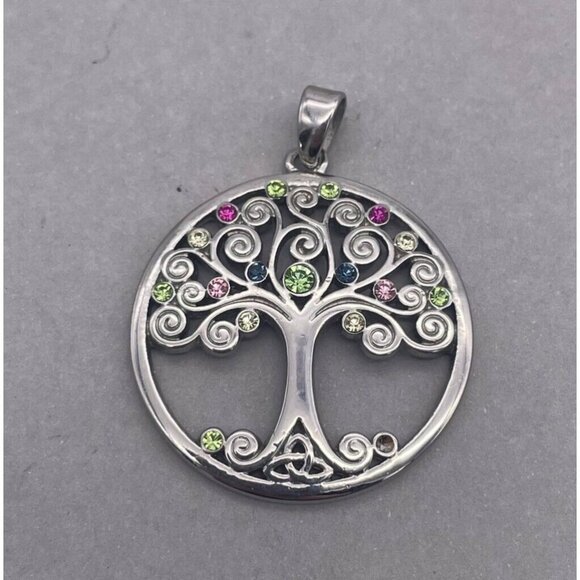 Solvar Tree of Life Round Pendant Silver Tone Multicolor Rhinestone - Picture 2 of 5